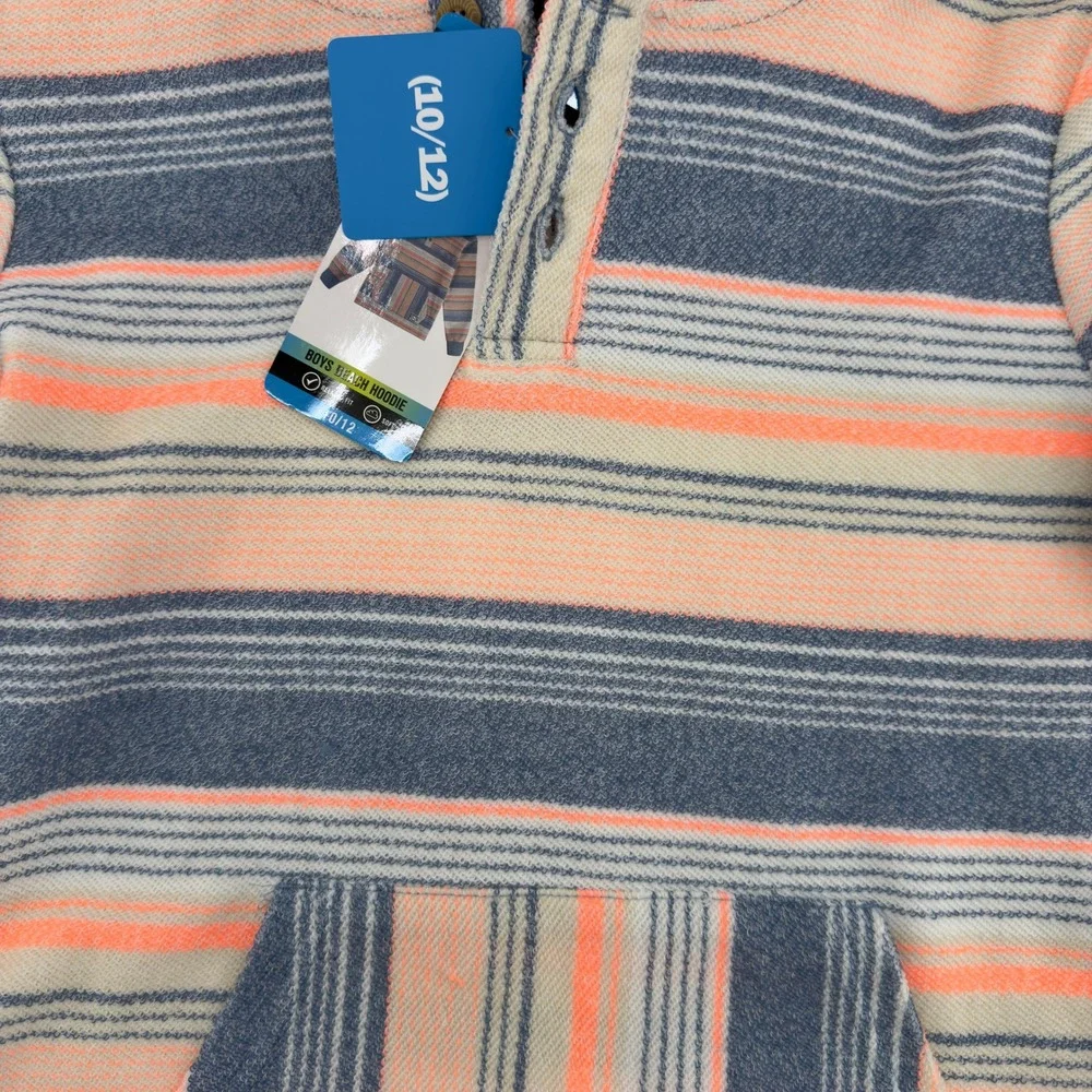 NEW Hurley Boys Beach Hoodie Blue Orange‎ Striped Henley Pullover Size 10/12